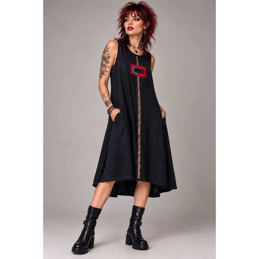LoMAINE Black Sleeveless Dress Red Stitch Detail Artisan Minimalist